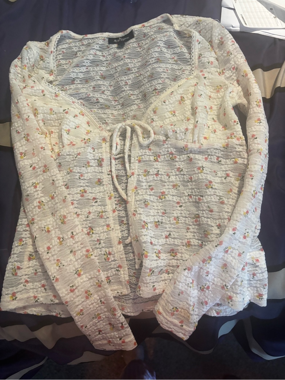 Self Esteem Cream Lace Floral Tie-Front Blouse